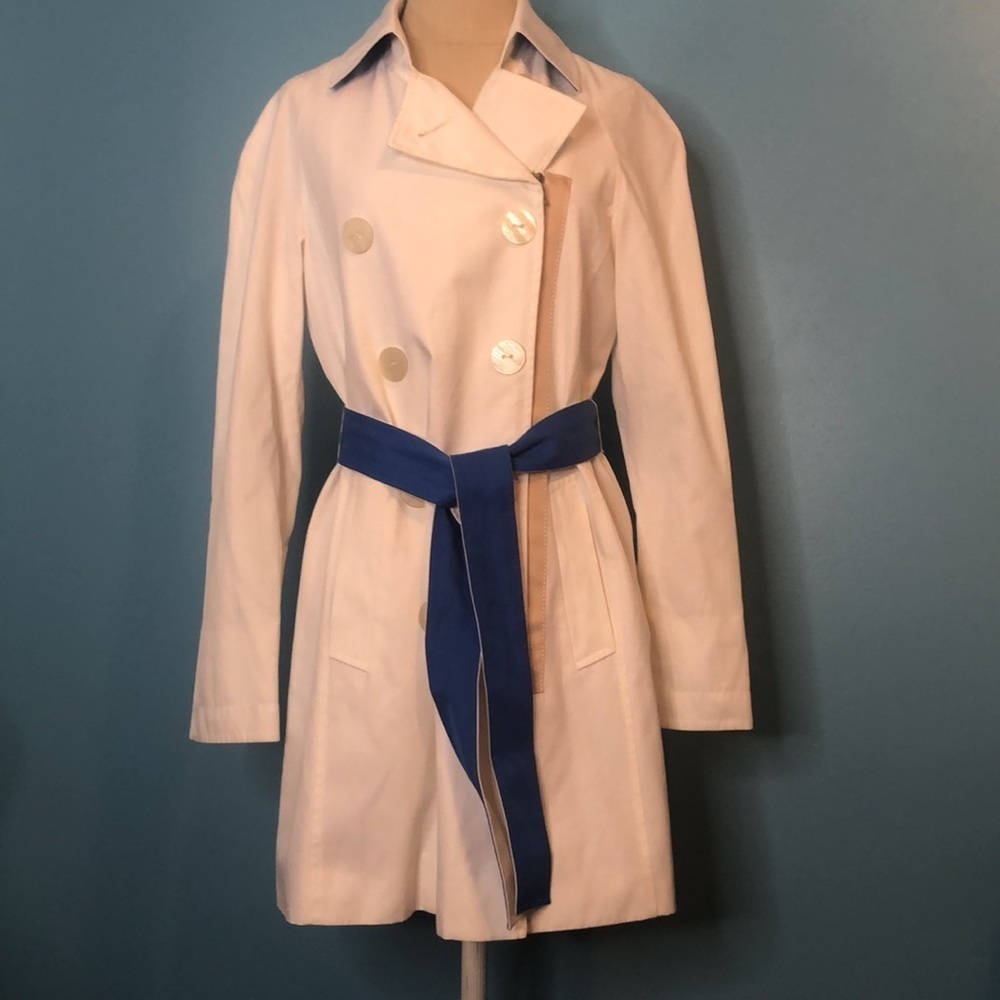 TAHARI Double Breasted Cream Mother Pearl Button Strap Trench Coat Size S